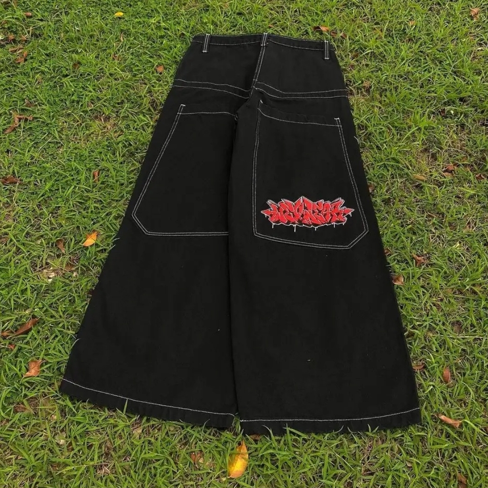 Black Wide-Leg Jeans with Red Graphic
